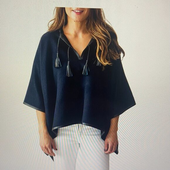 Stick & Ball Tops - Stick & Ball Navy Blue Baby Alpaca Lambskin Leather Trimmed Poncho NWT $425.00